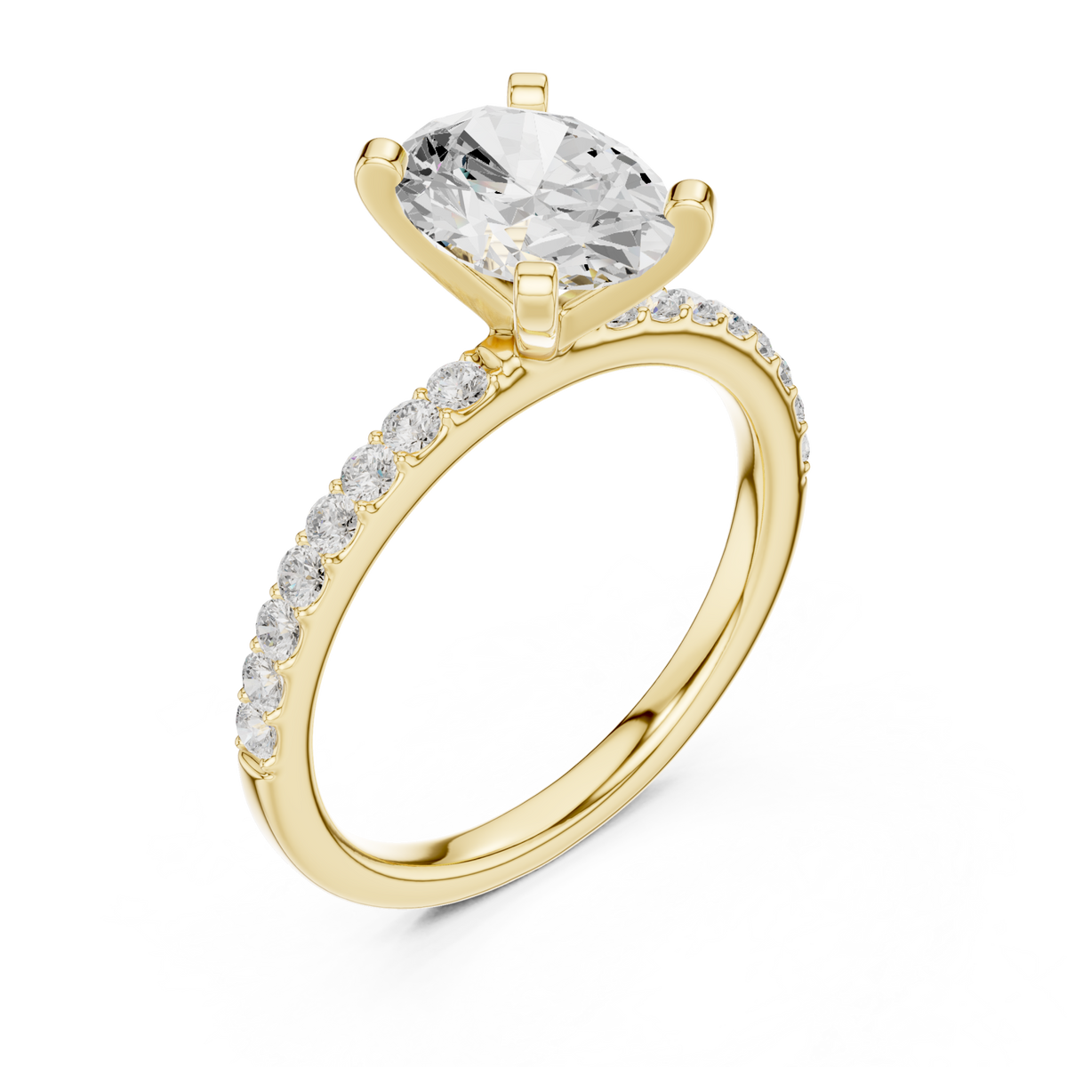 Oval petite pave engagement ring yellow gold angle view