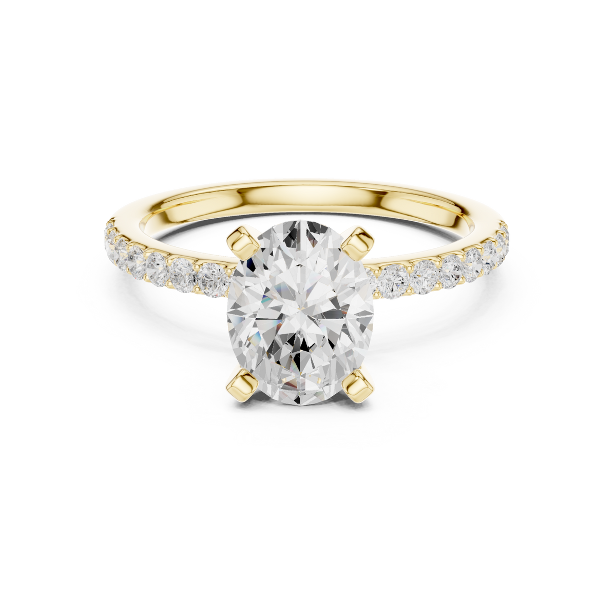 Oval petite pave engagement ring yellow gold detail view