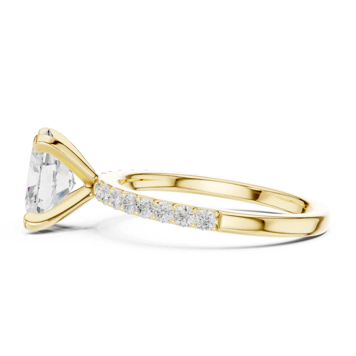 Oval petite pave engagement ring yellow gold side view