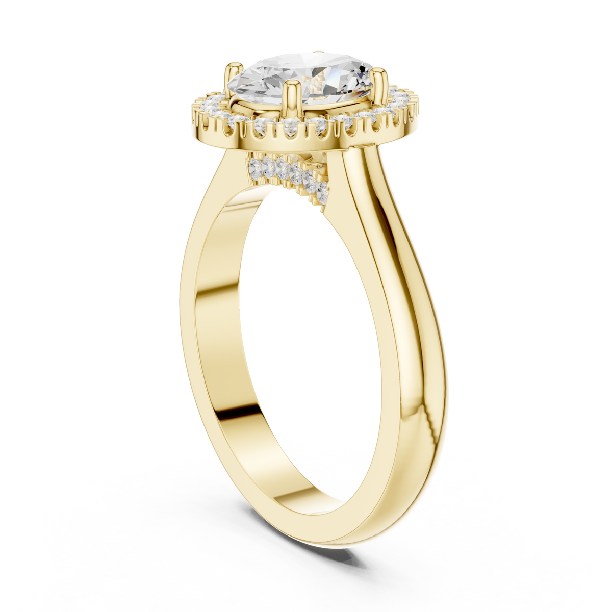 Oval polished band halo engagement ring yellow gold front view