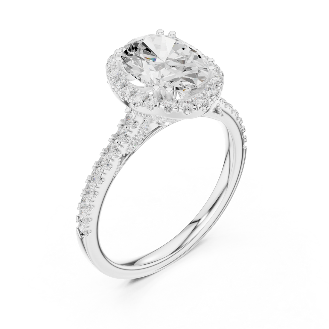 Oval scalloped gallery halo pave engagement ring white gold front view