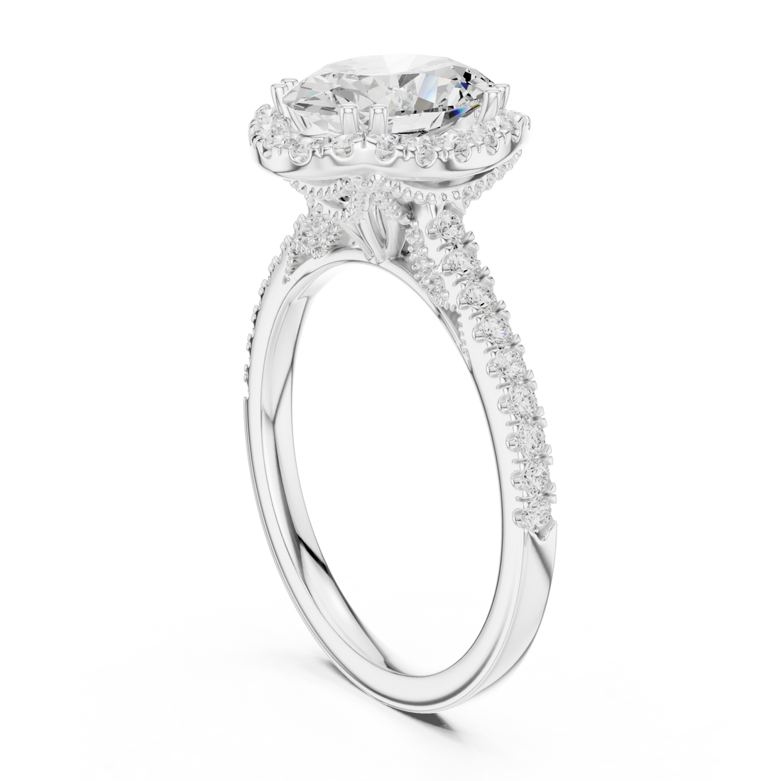 Oval scalloped gallery halo pave engagement ring white gold front view