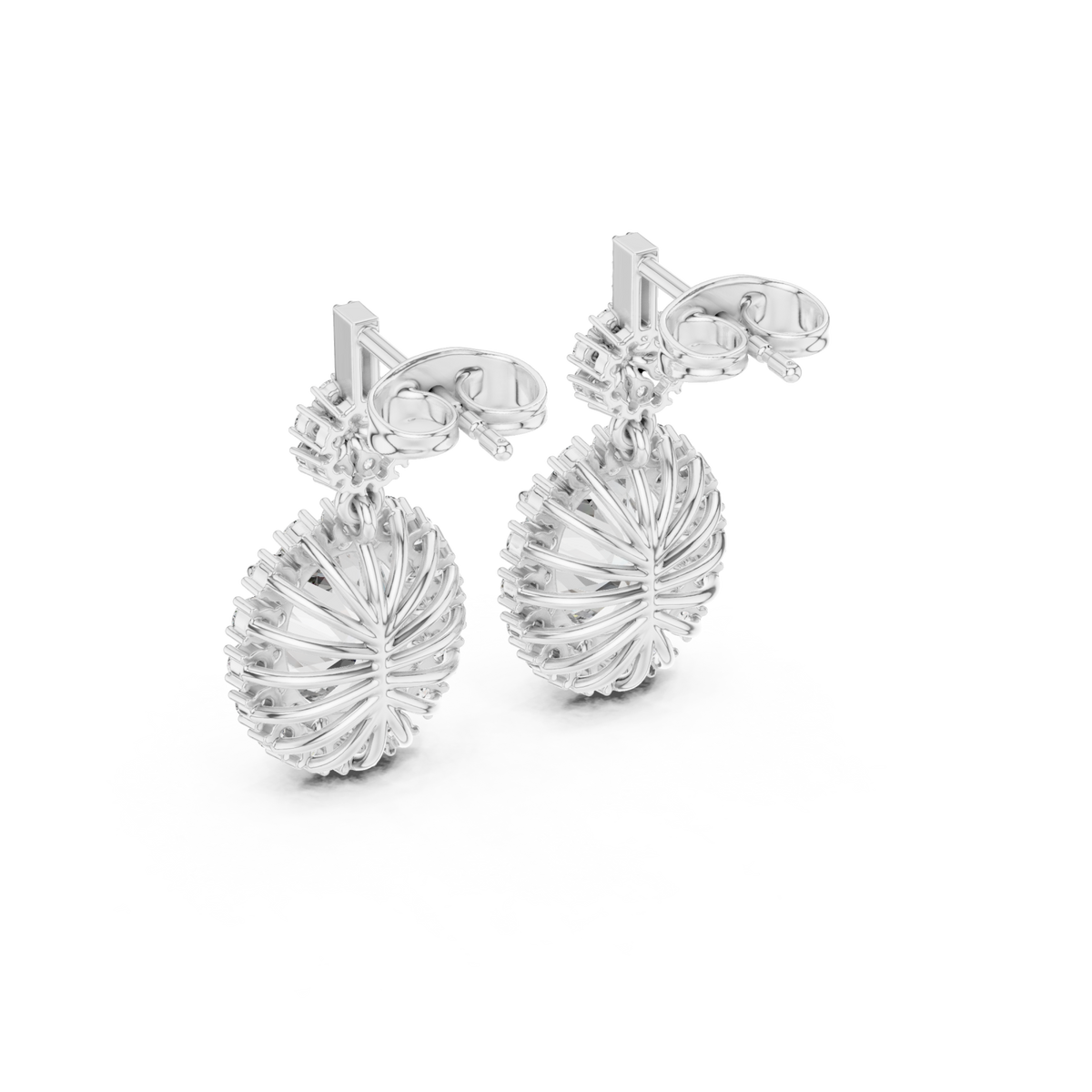 White Gold Oval Scalloped Halo Drop Earrings Angle View