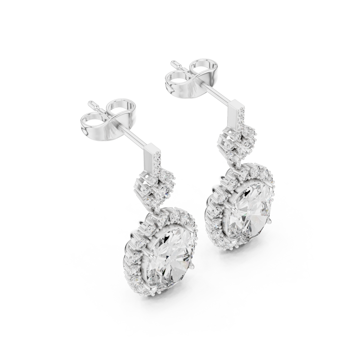  White Gold Oval Scalloped Halo Drop Earrings Front View