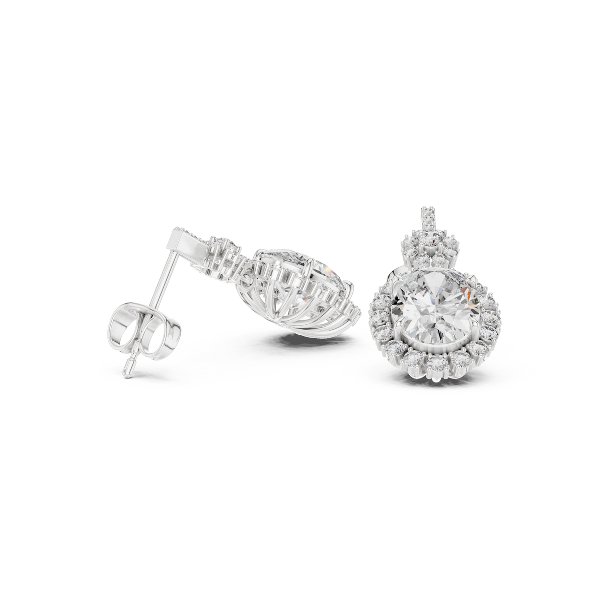  White Gold Oval Scalloped Halo Drop Earrings Side View