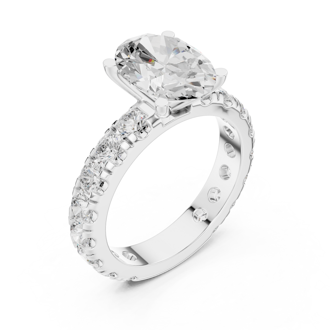 Oval shared-prong accent engagement ring white gold front view
