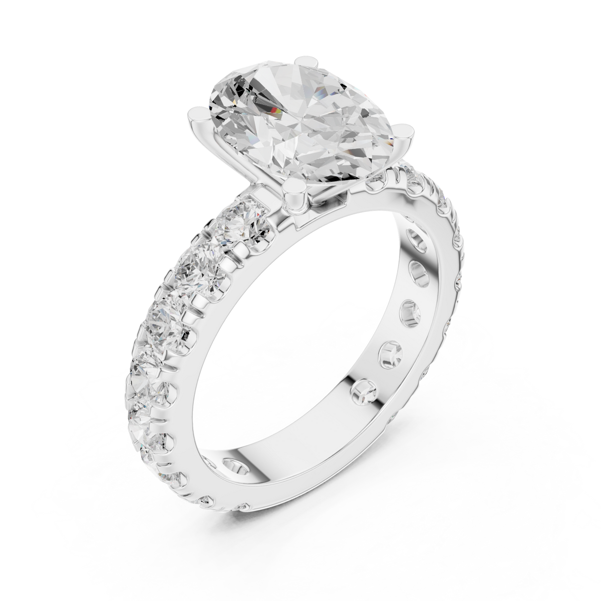 Oval shared-prong accent engagement ring white gold angle view