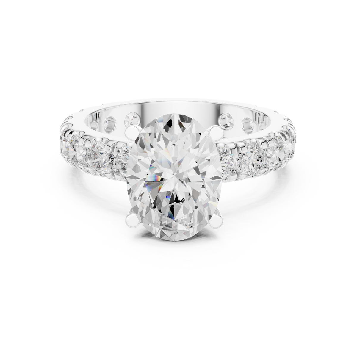 Oval shared-prong accent engagement ring white gold detail view