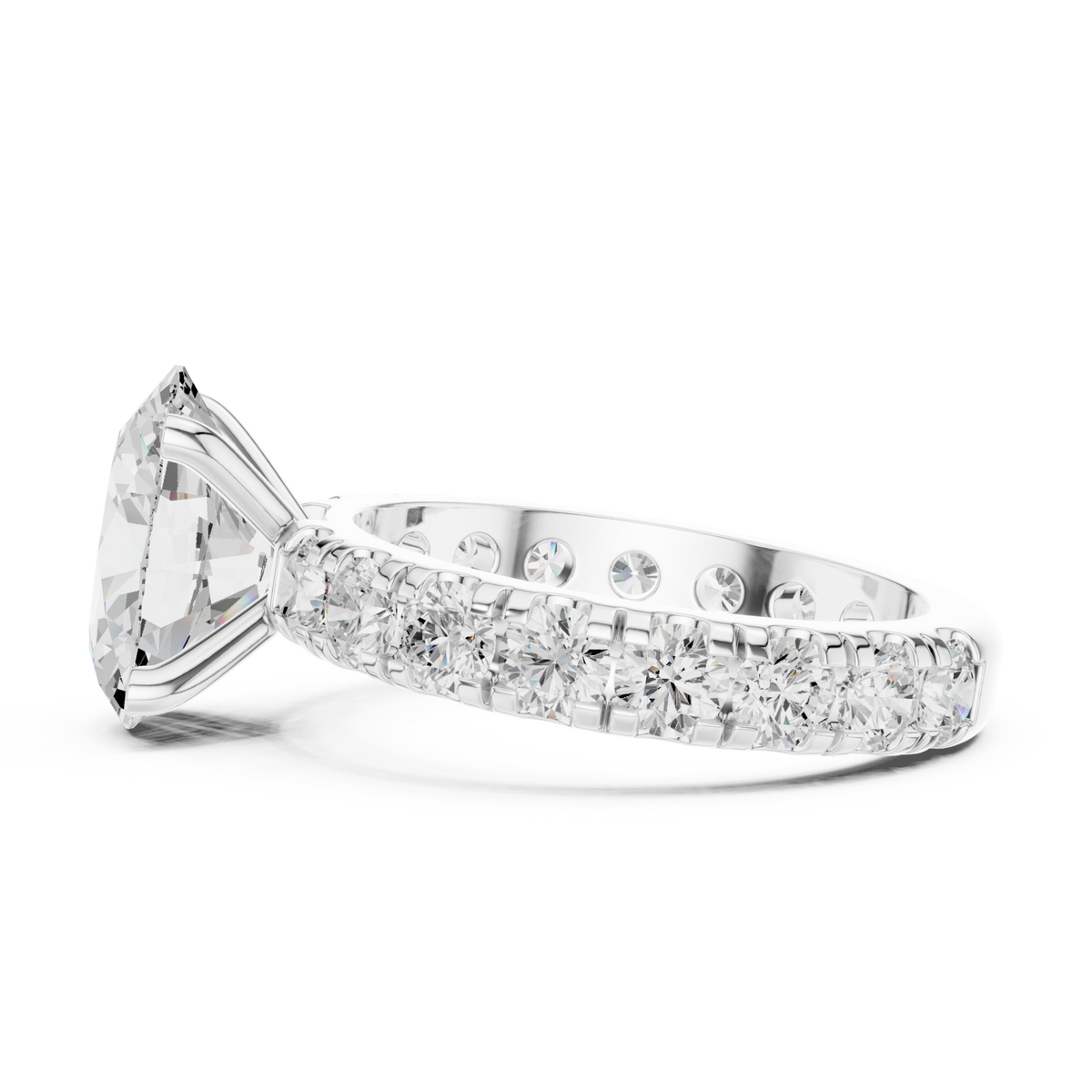 Oval shared-prong accent engagement ring white gold side view