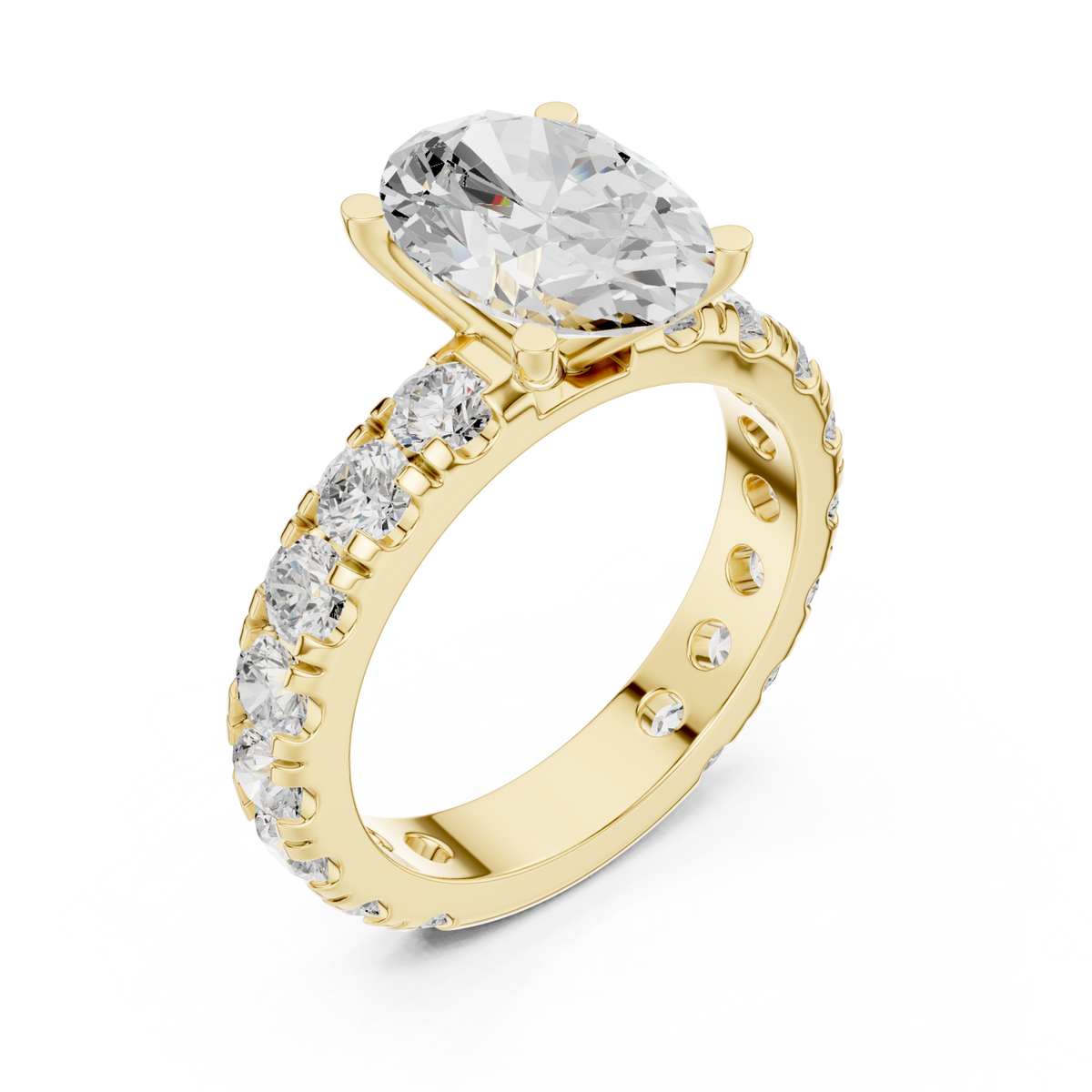 Oval shared-prong accent engagement ring yellow gold angle view