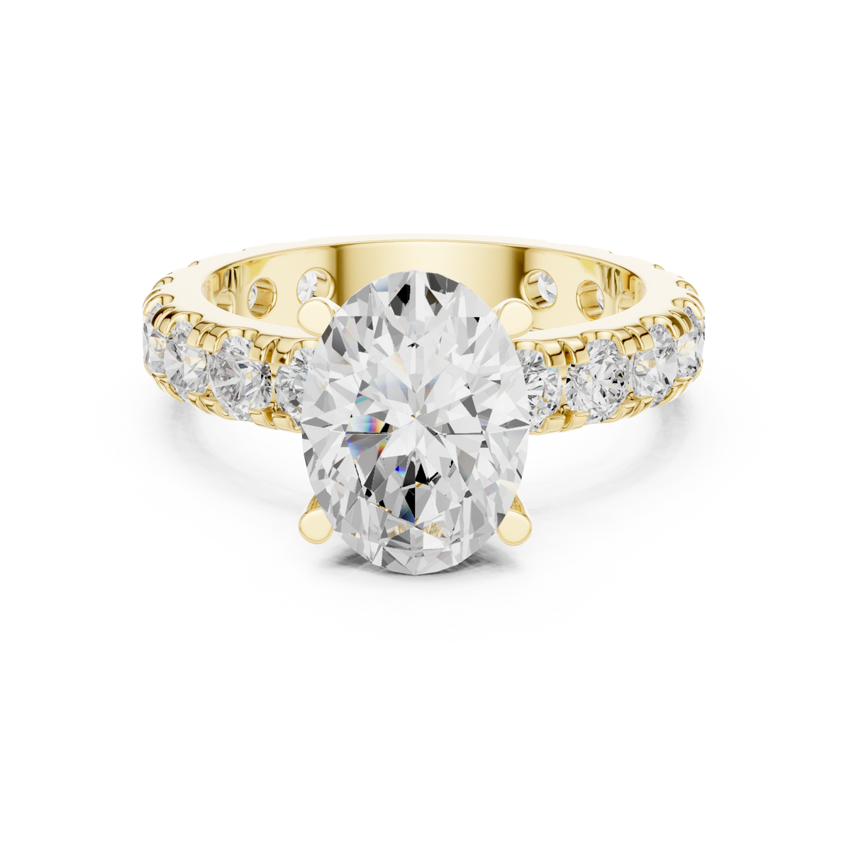 Oval shared-prong accent engagement ring yellow gold detail view