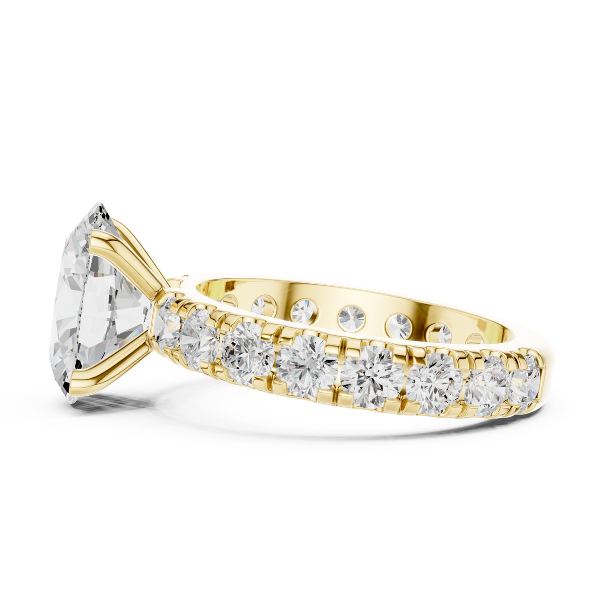 Oval shared-prong accent engagement ring yellow gold side view