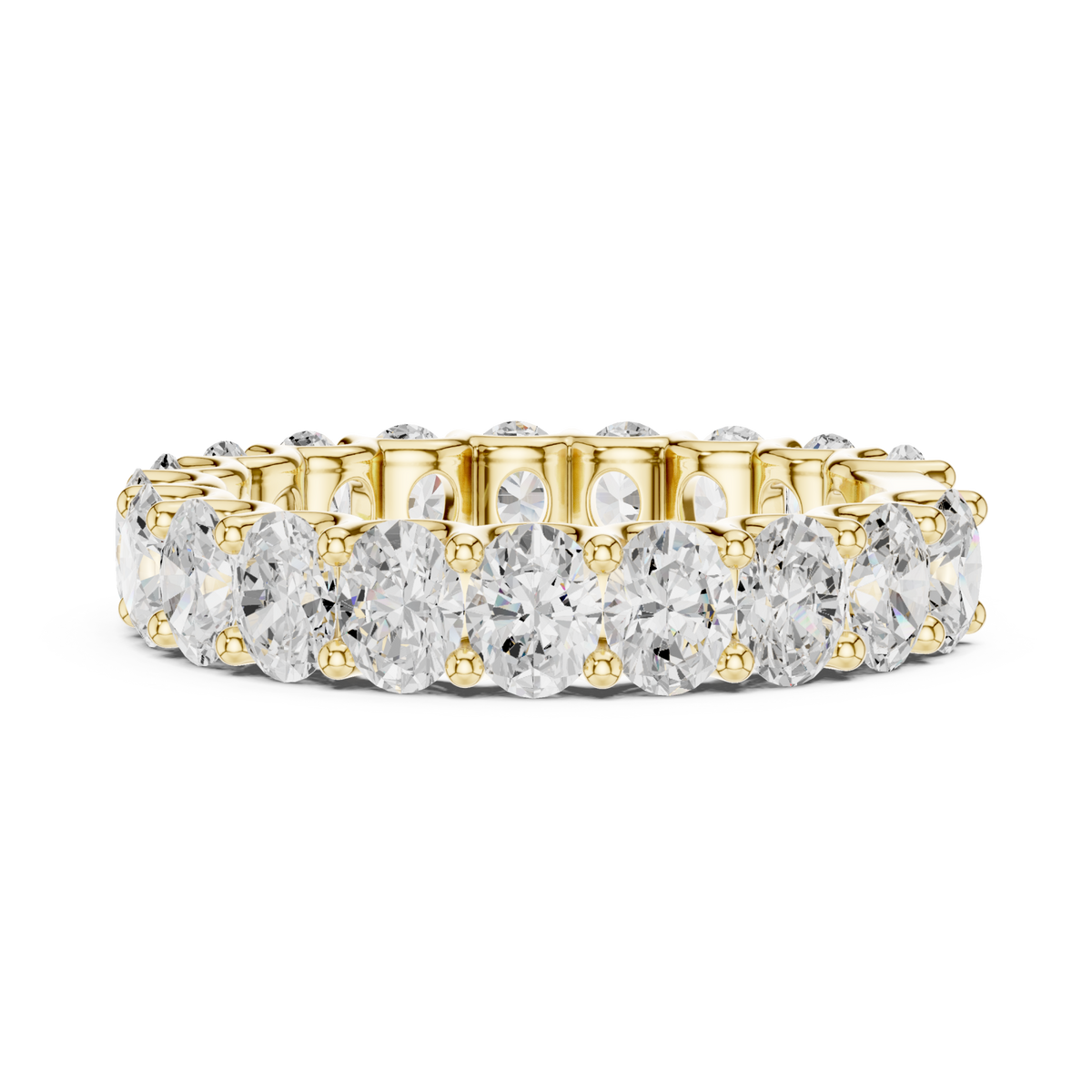 Oval shared-prong full eternity band yellow gold angle view