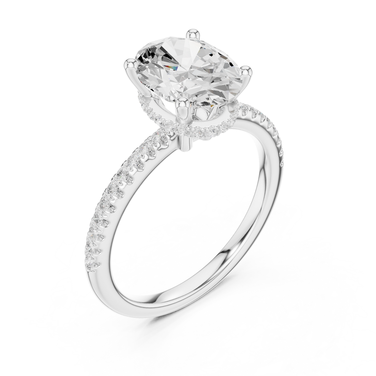 Oval slim hidden halo pave engagement ring white gold angle view