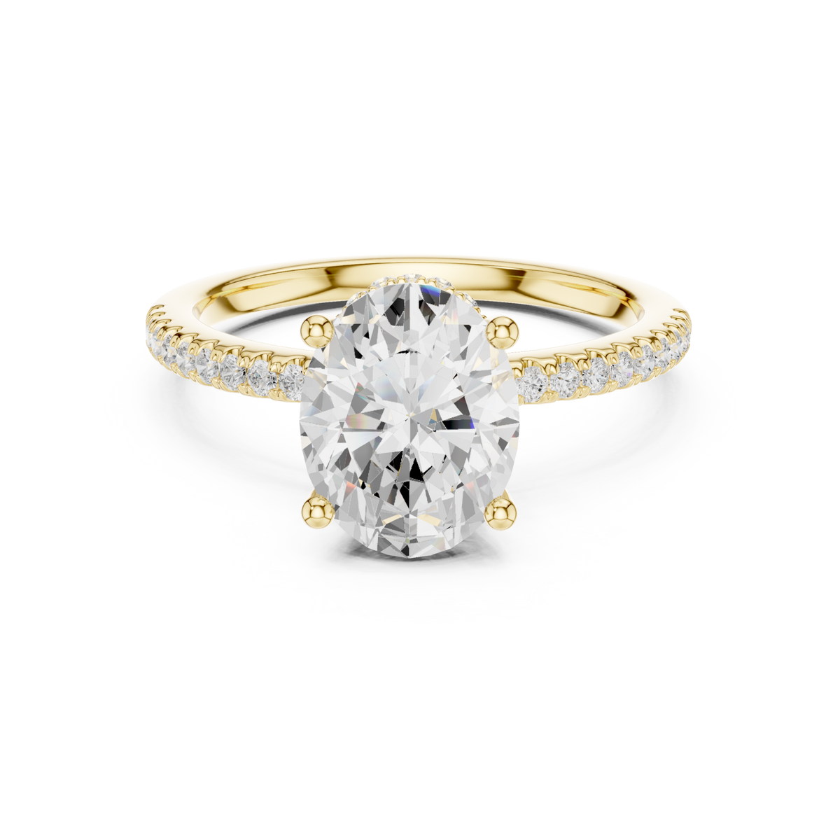 Oval slim hidden halo pave engagement ring yellow gold detail view