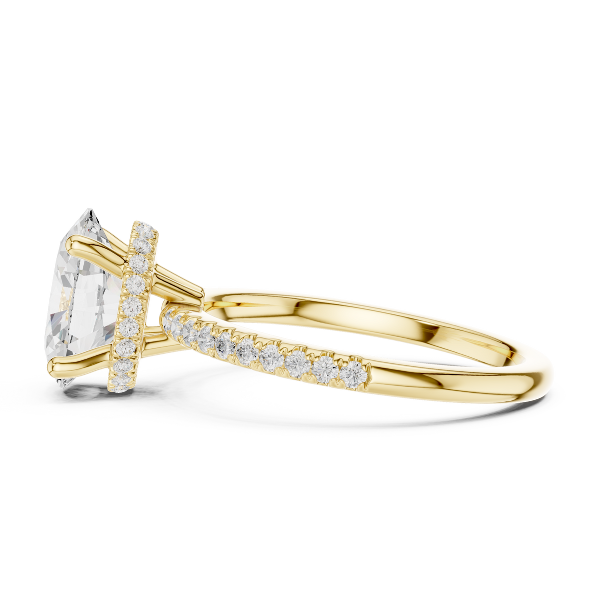 Oval slim hidden halo pave engagement ring yellow gold side view