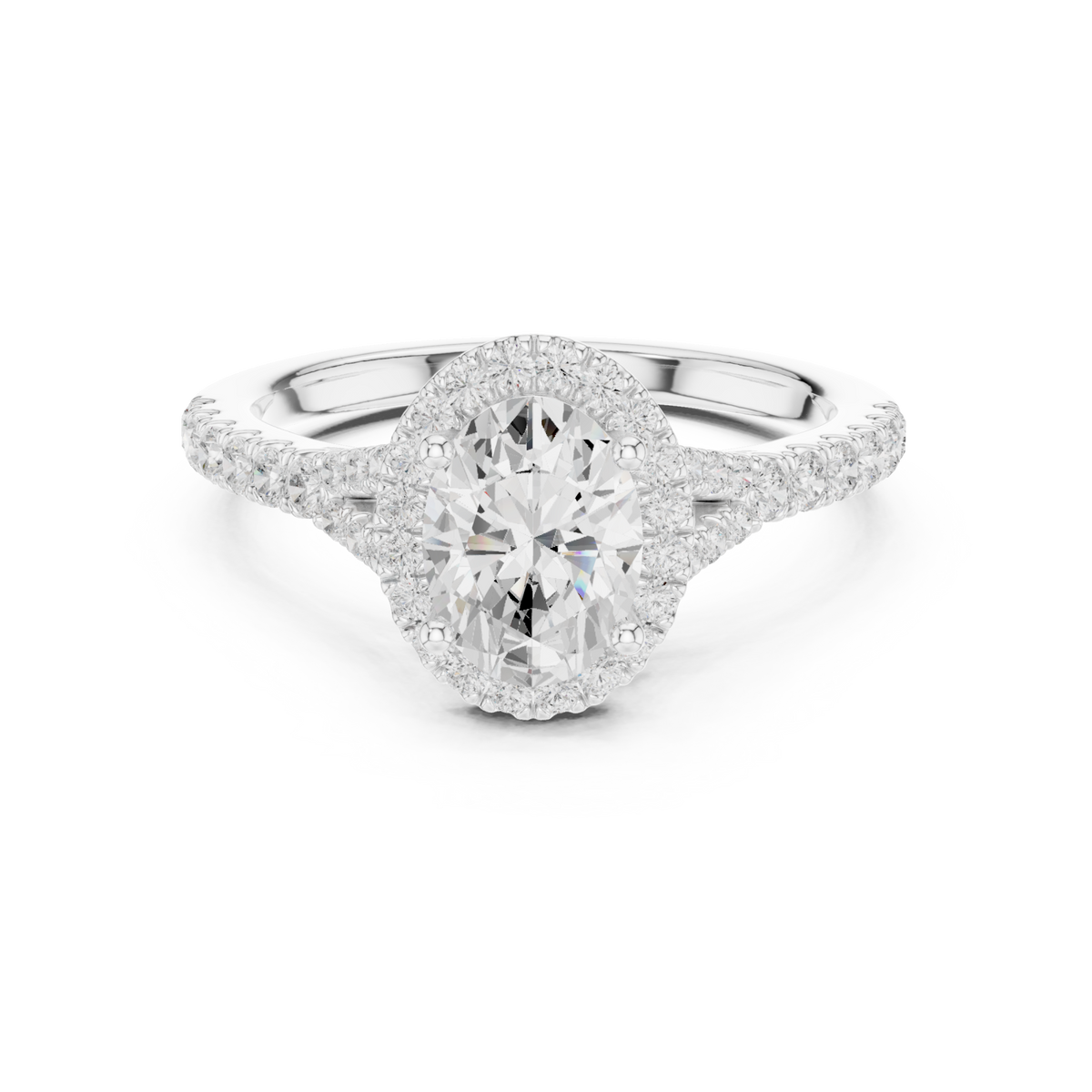 Oval split bridge halo pave engagement ring white gold detail view