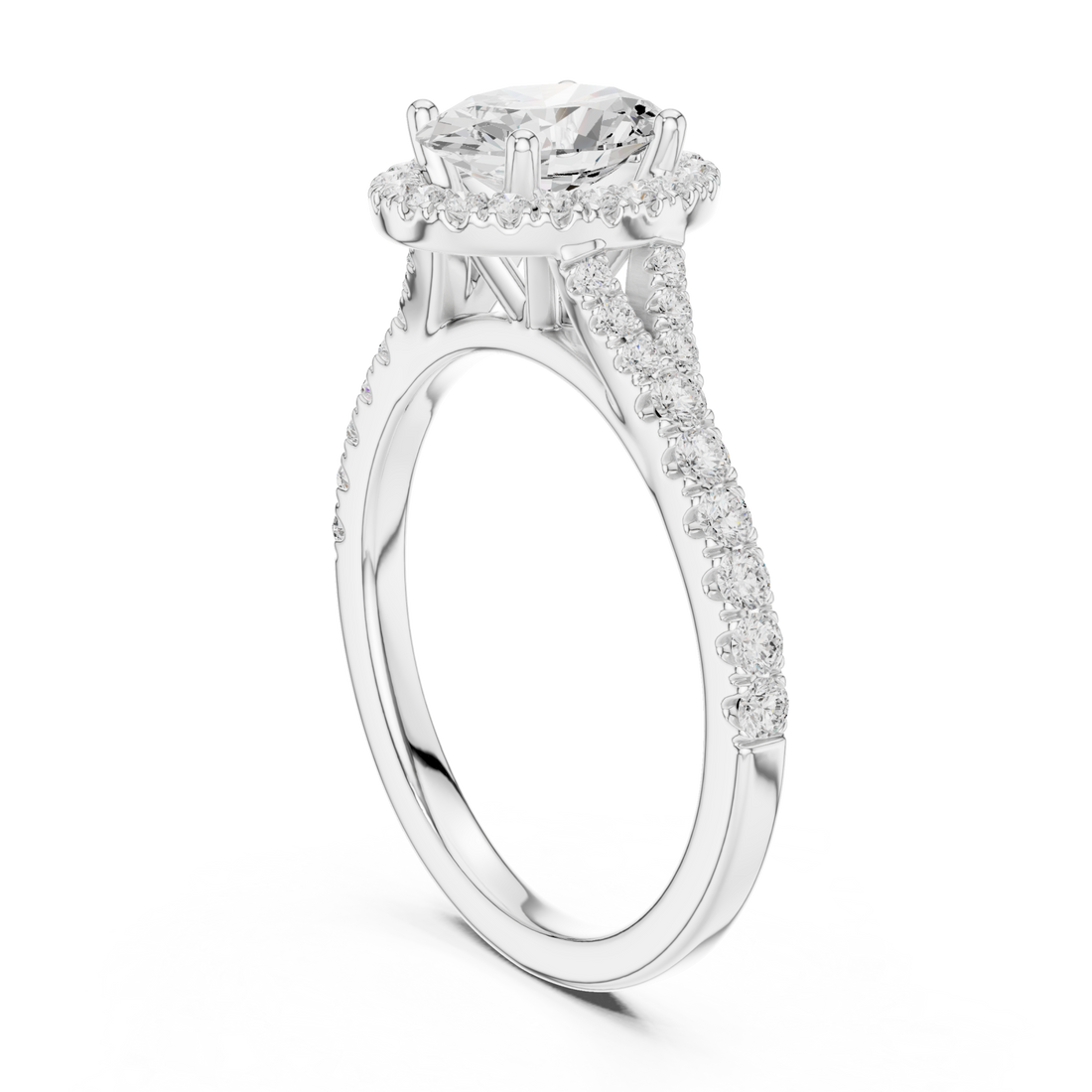Oval split bridge halo pave engagement ring white gold front view