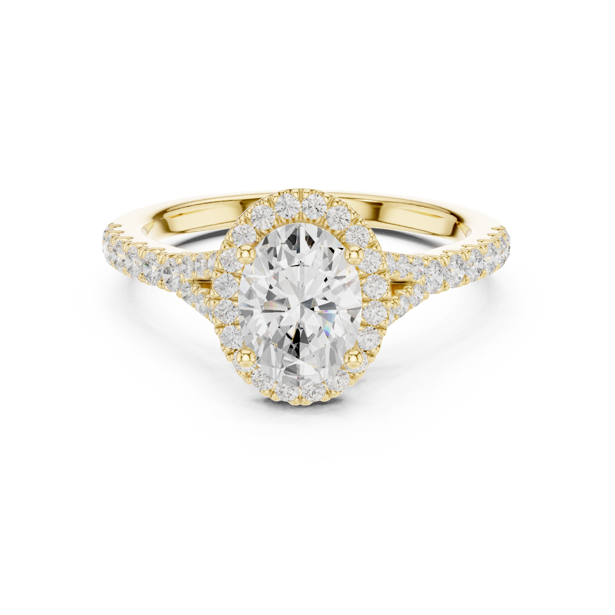 Oval split bridge halo pave engagement ring yellow gold detail view