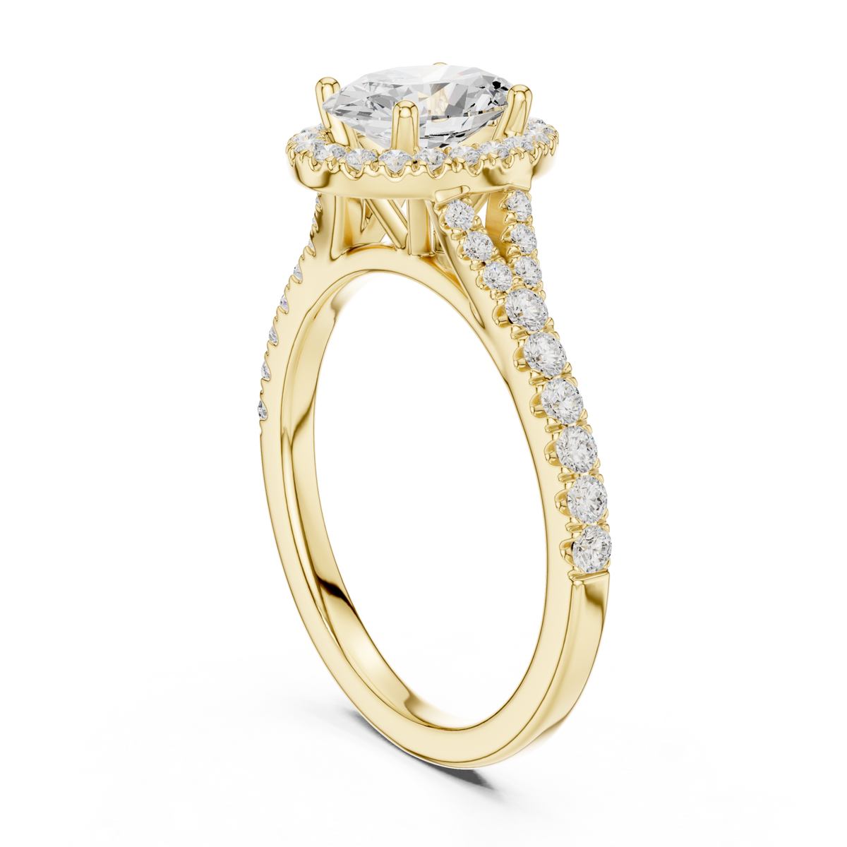 Oval split bridge halo pave engagement ring yellow gold front view