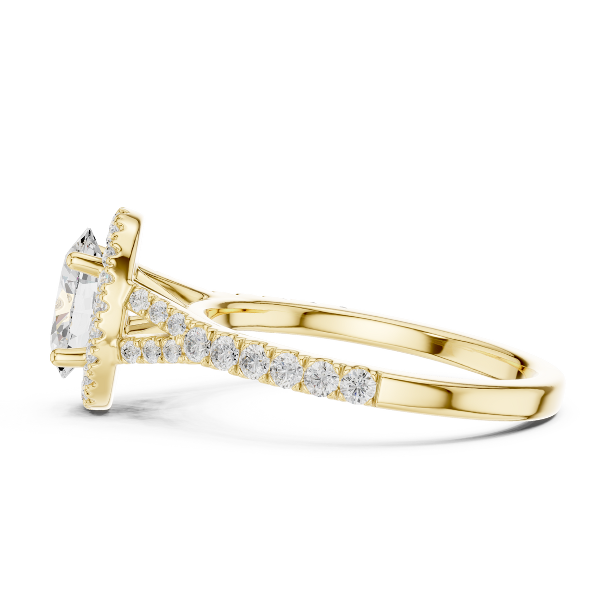 Oval split bridge halo pave engagement ring yellow gold side view