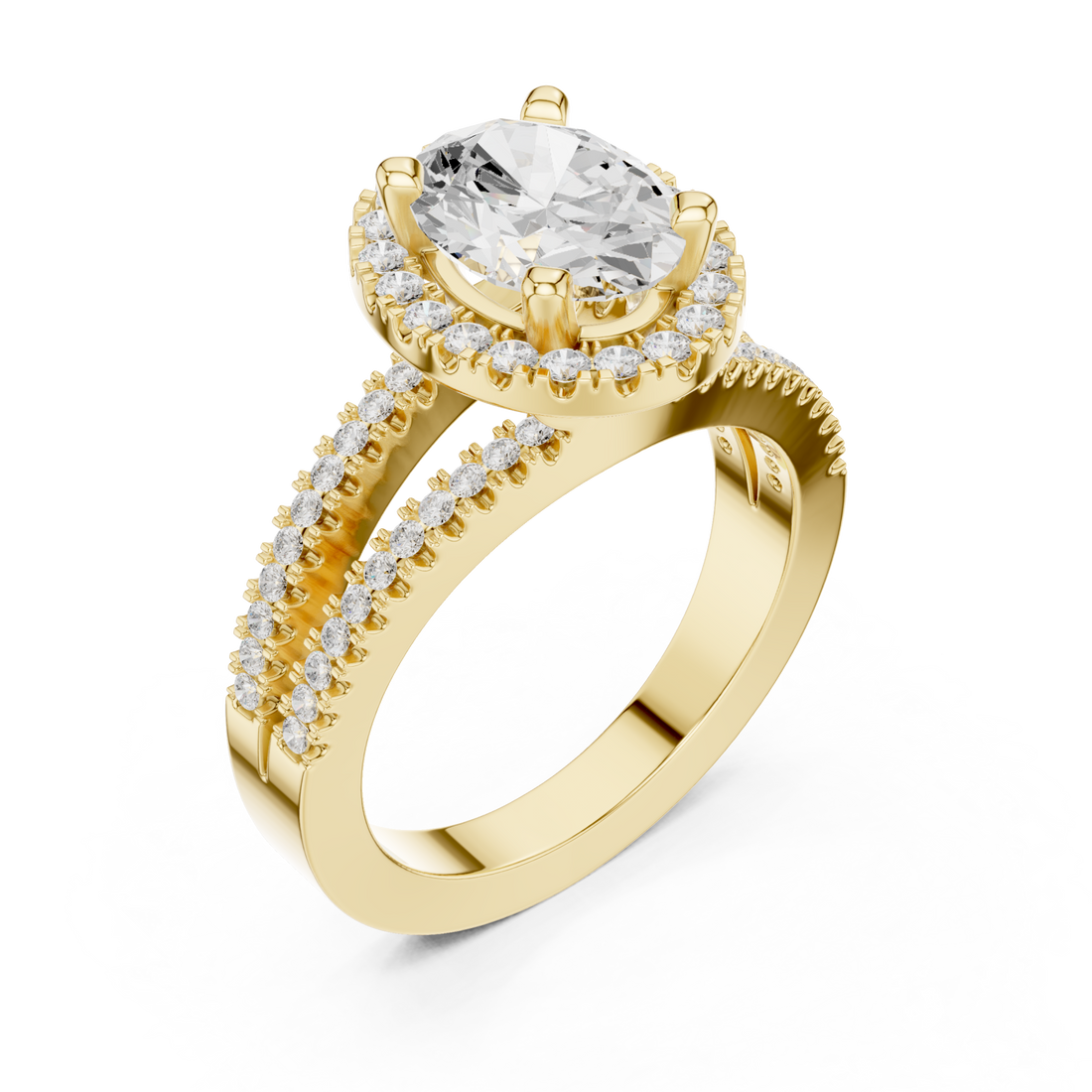 Oval split shank halo engagement ring yellow gold front view