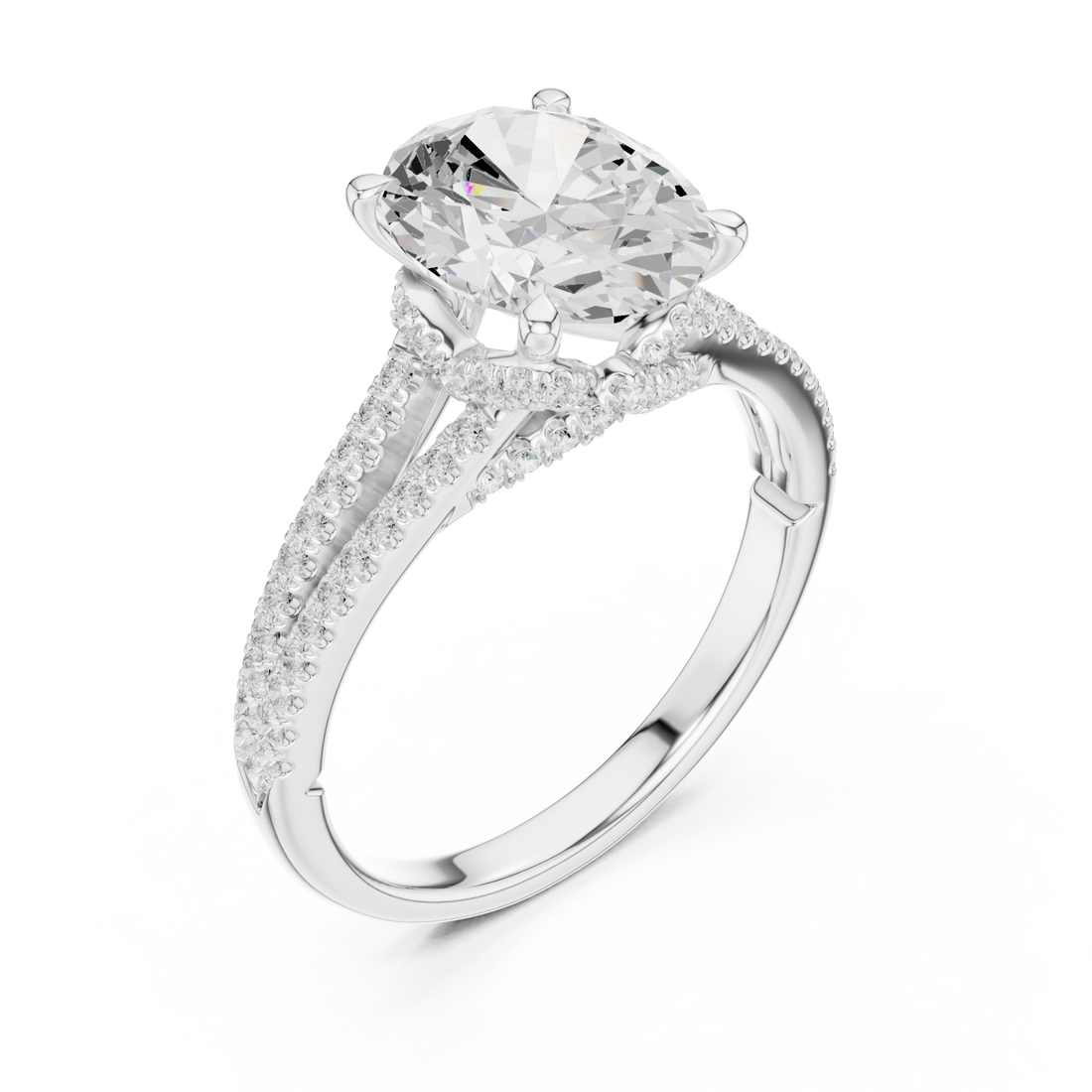 Oval split shank pave engagement ring white gold front view