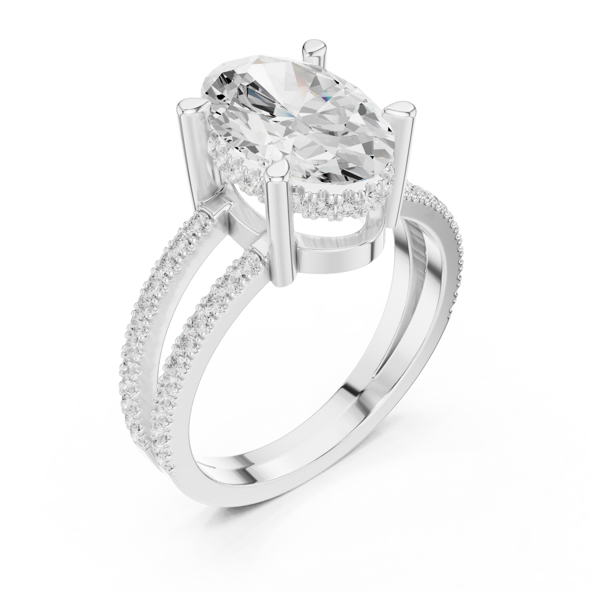 Oval split shank pave solitaire engagement ring white gold angle view