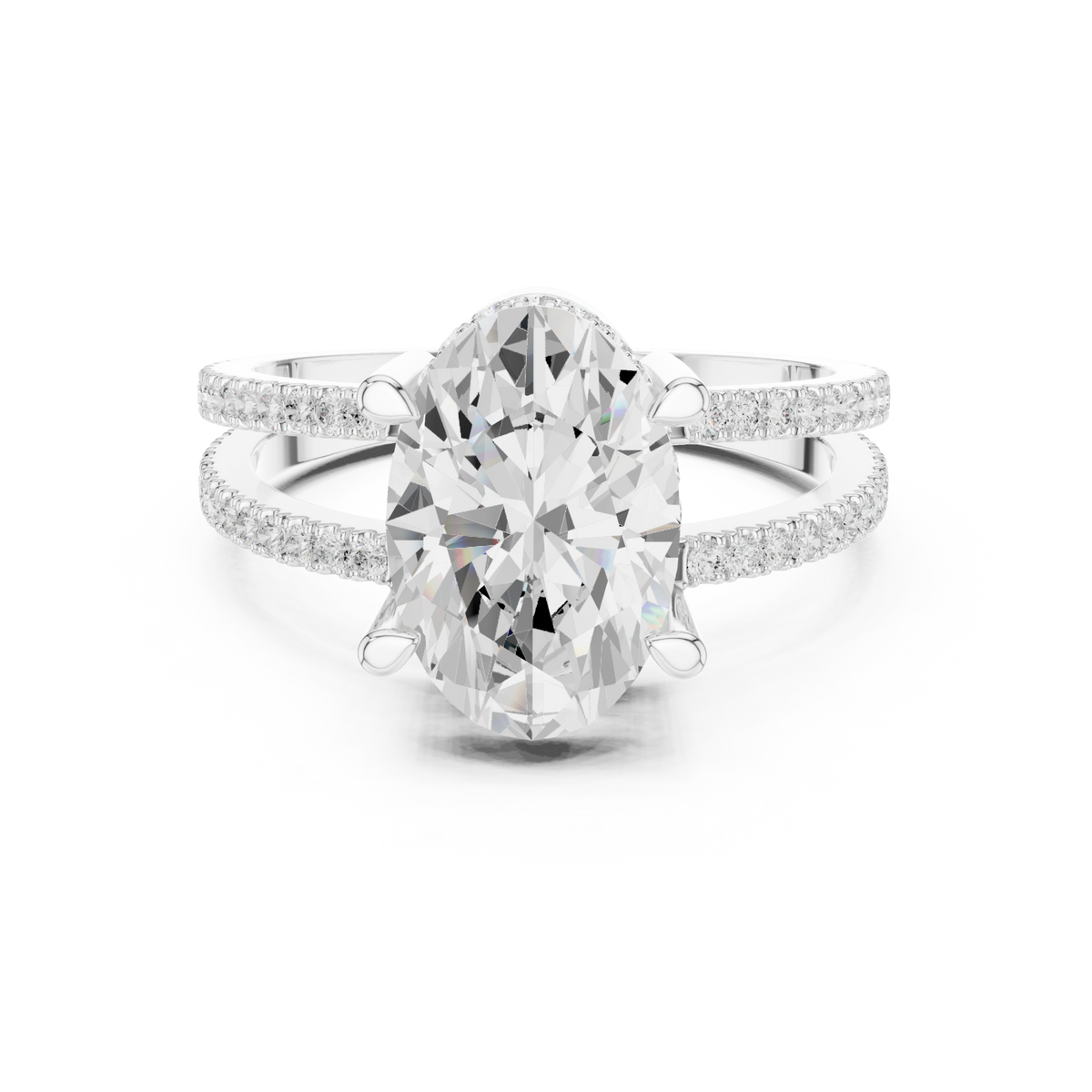Oval split shank pave solitaire engagement ring white gold detail view