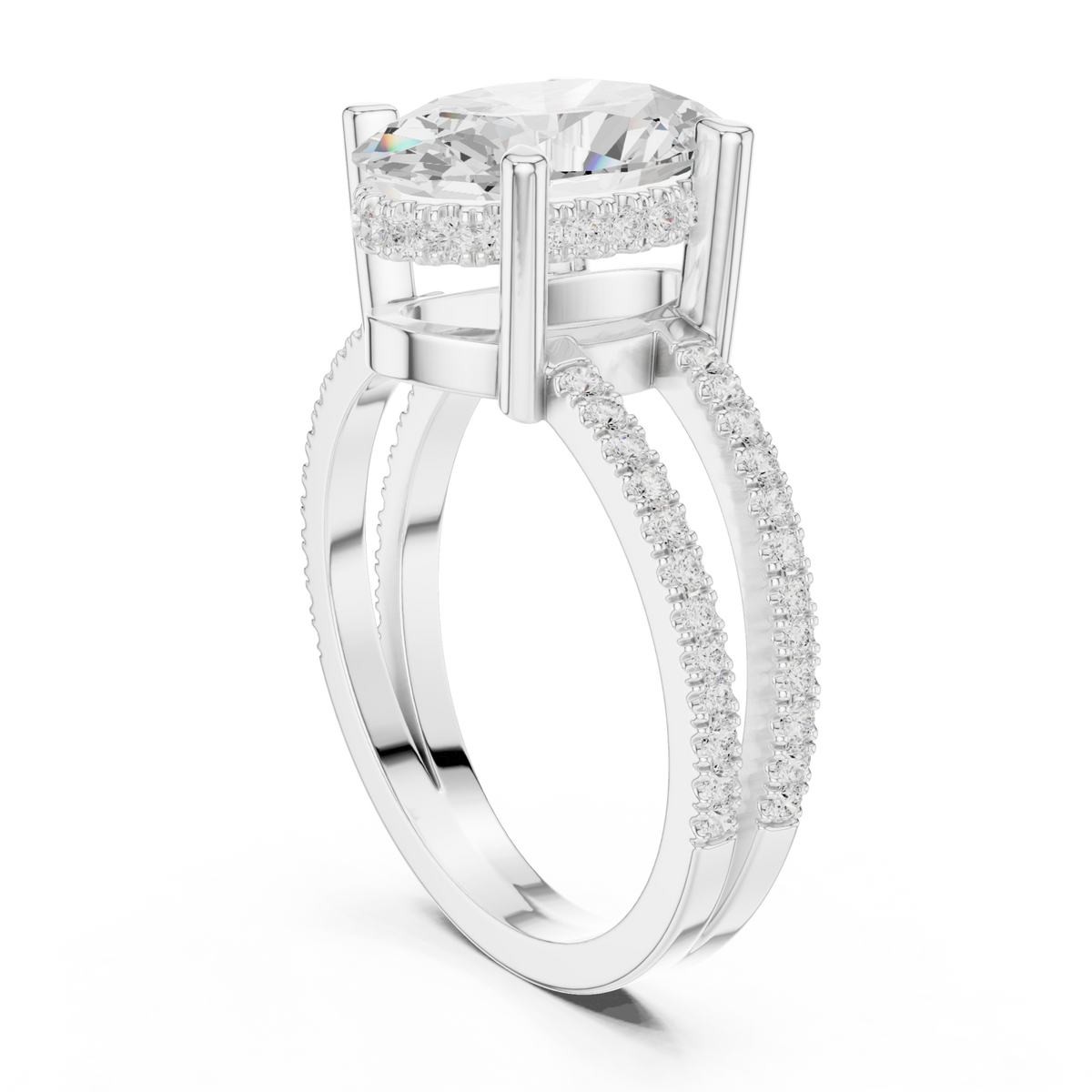 Oval split shank pave solitaire engagement ring white gold front view