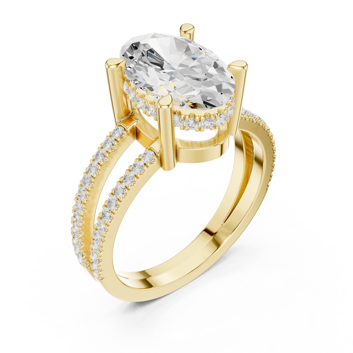 Oval split shank pave solitaire engagement ring yellow gold angle view
