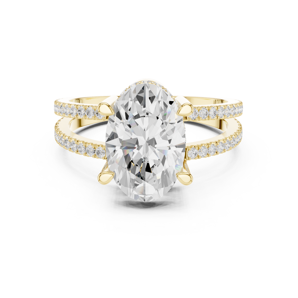 Oval split shank pave solitaire engagement ring yellow gold detail view