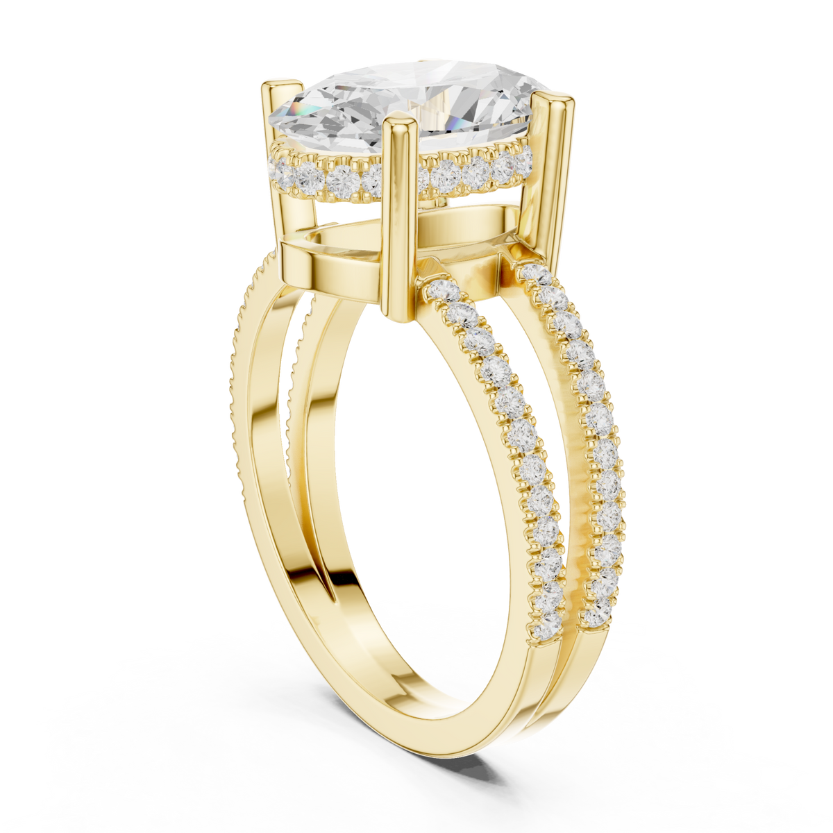 Oval split shank pave solitaire engagement ring yellow gold front view
