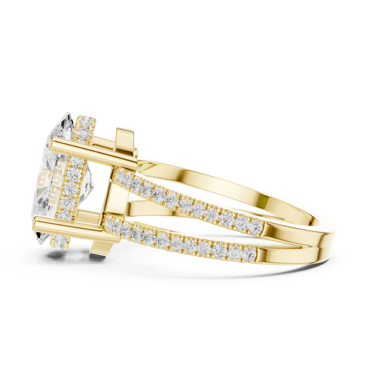 Oval split shank pave solitaire engagement ring yellow gold side view