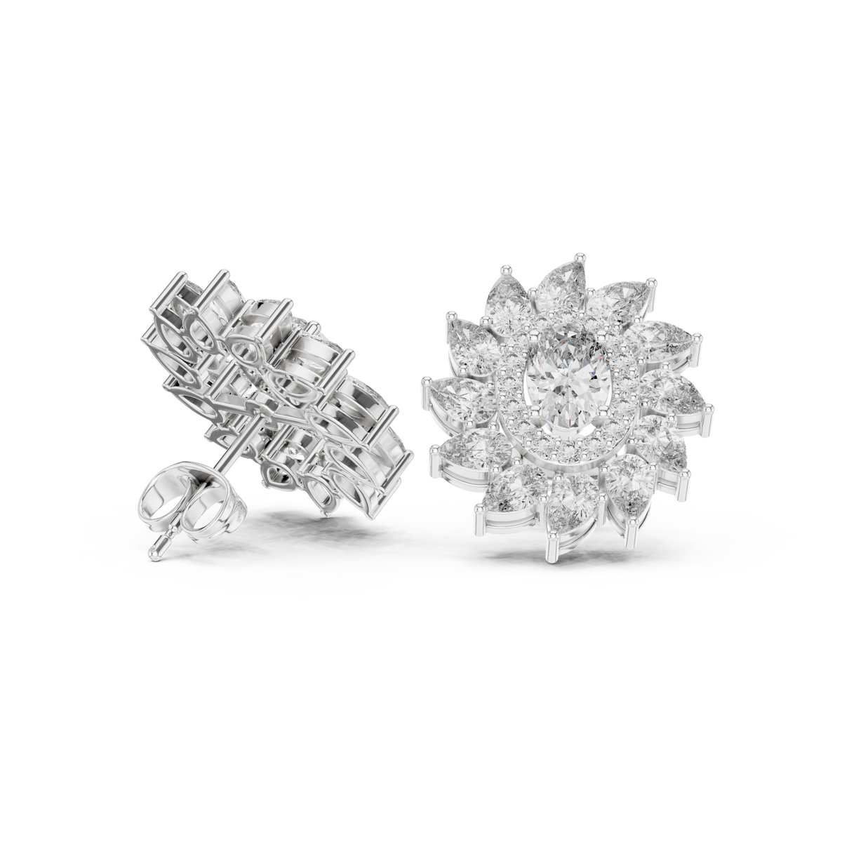  White Gold Oval Sunburst Halo Studs Front View