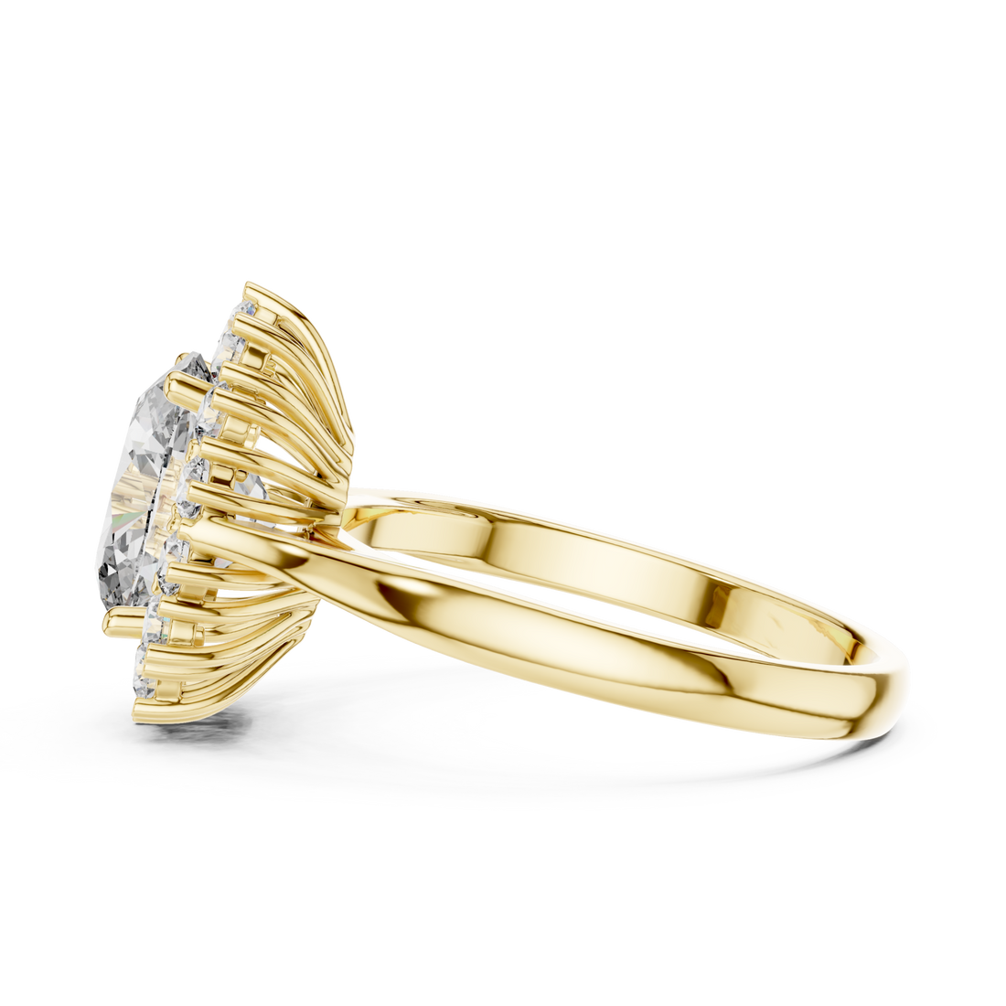 Oval sunflower halo cocktail ring yellow gold front view
