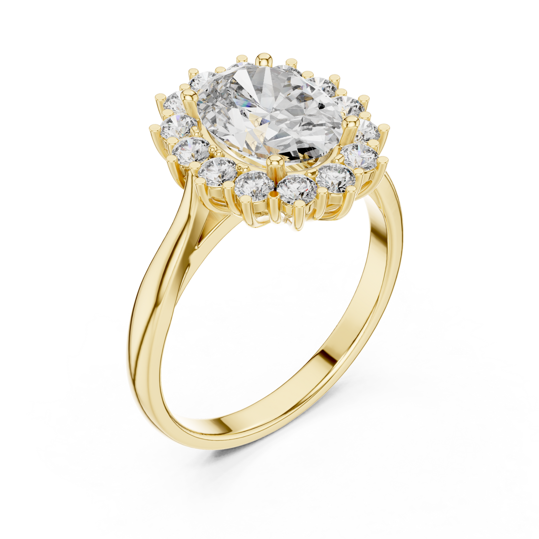 Oval sunflower halo cocktail ring yellow gold front view
