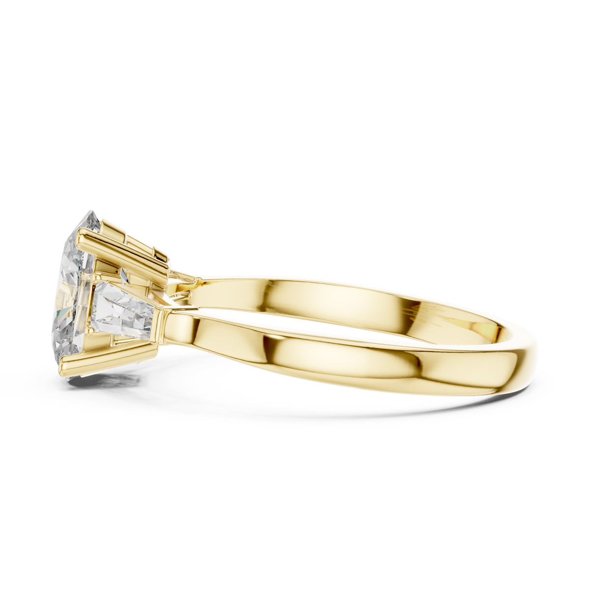 Oval tapered baguette solitaire ring yellow gold angle view