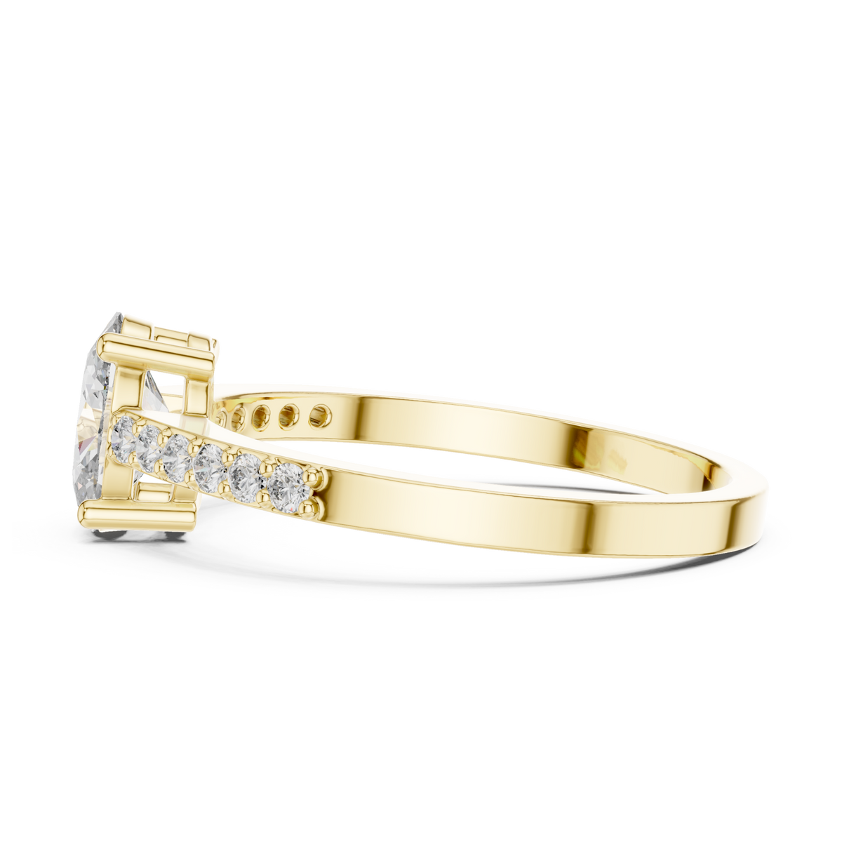 Oval thin pave solitaire engagement ring yellow gold angle view