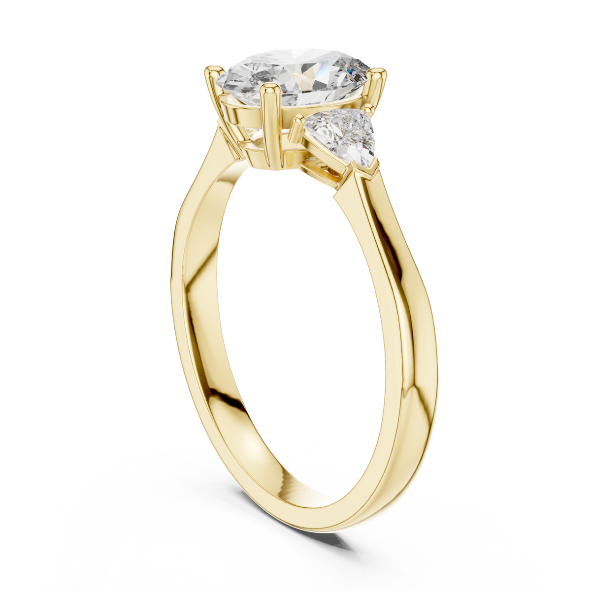 Oval three stone trillion ring yellow gold side view
