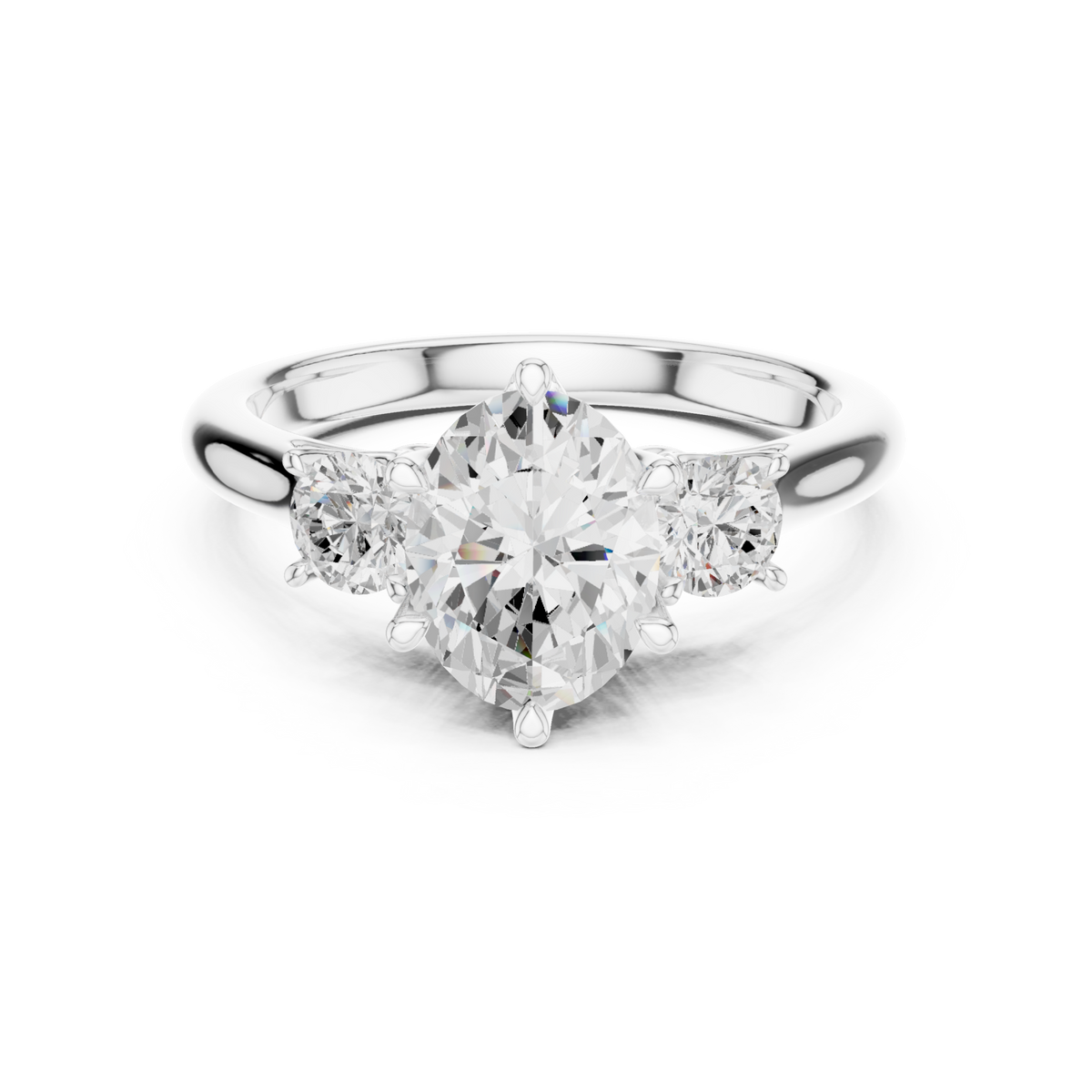 Oval trellis three stone engagement ring white gold detail view