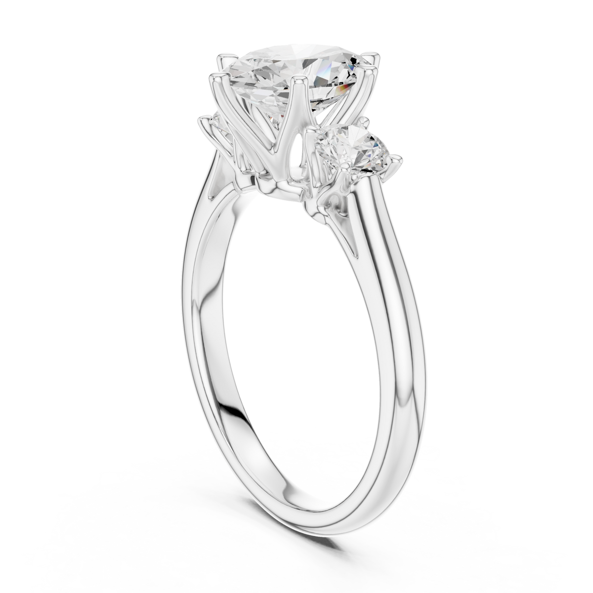 Oval trellis three stone engagement ring white gold front view