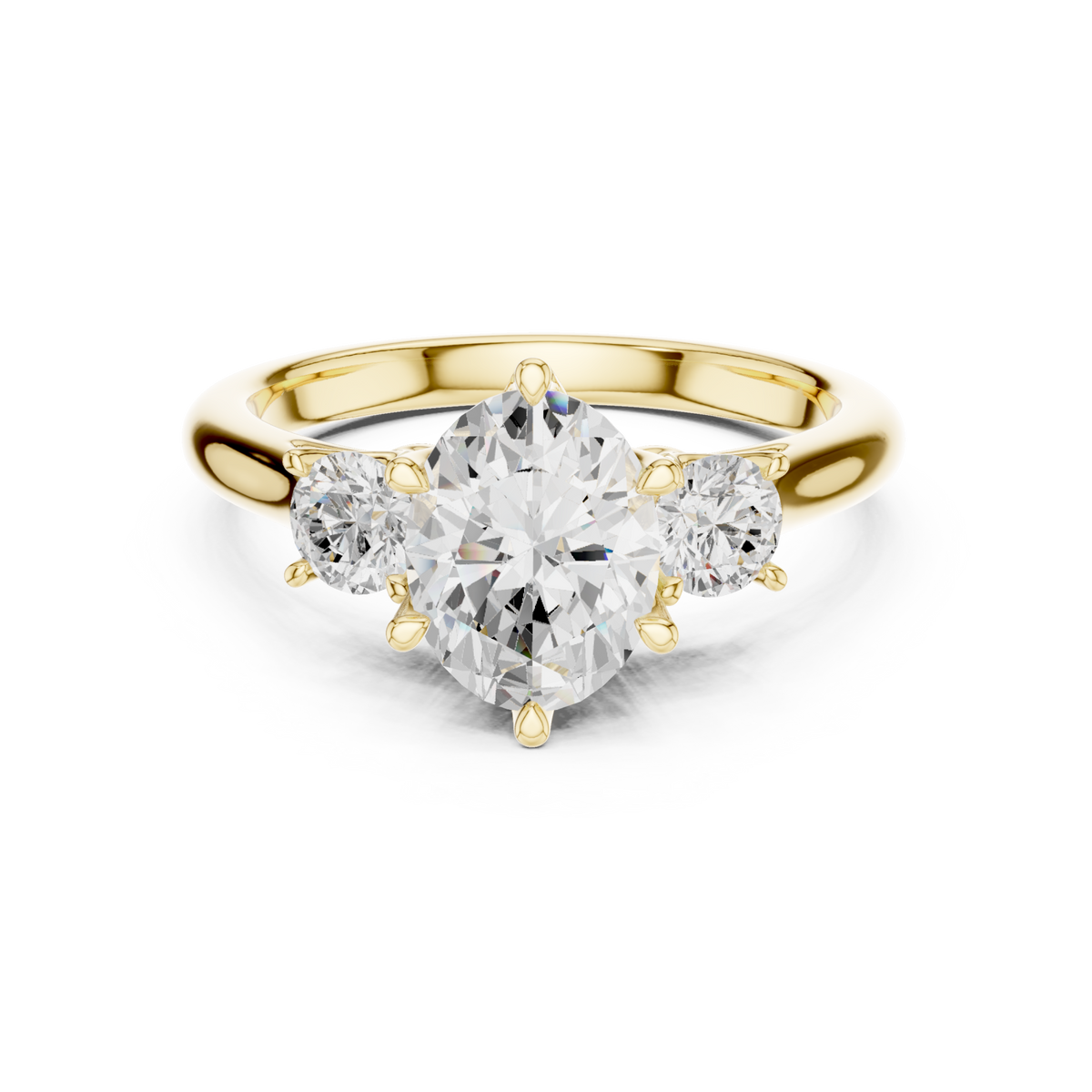 Oval trellis three stone engagement ring yellow gold detail view