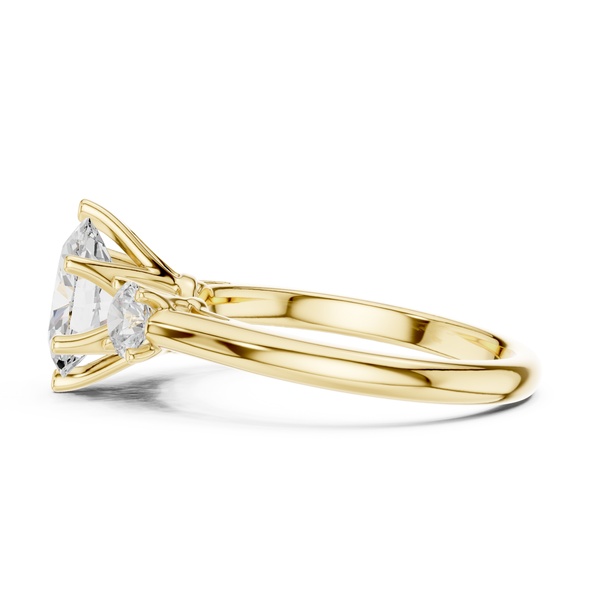 Oval trellis three stone engagement ring yellow gold side view