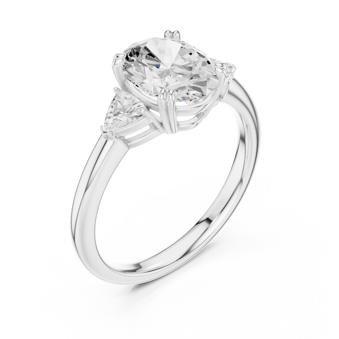 Oval trillion side three stone engagement ring white gold front view