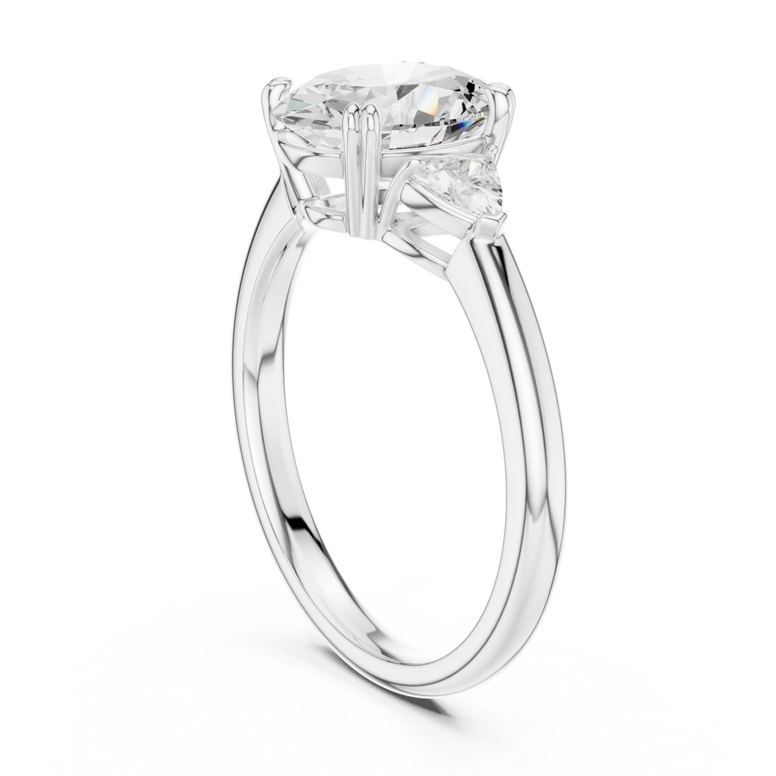 Oval trillion side three stone engagement ring white gold front view