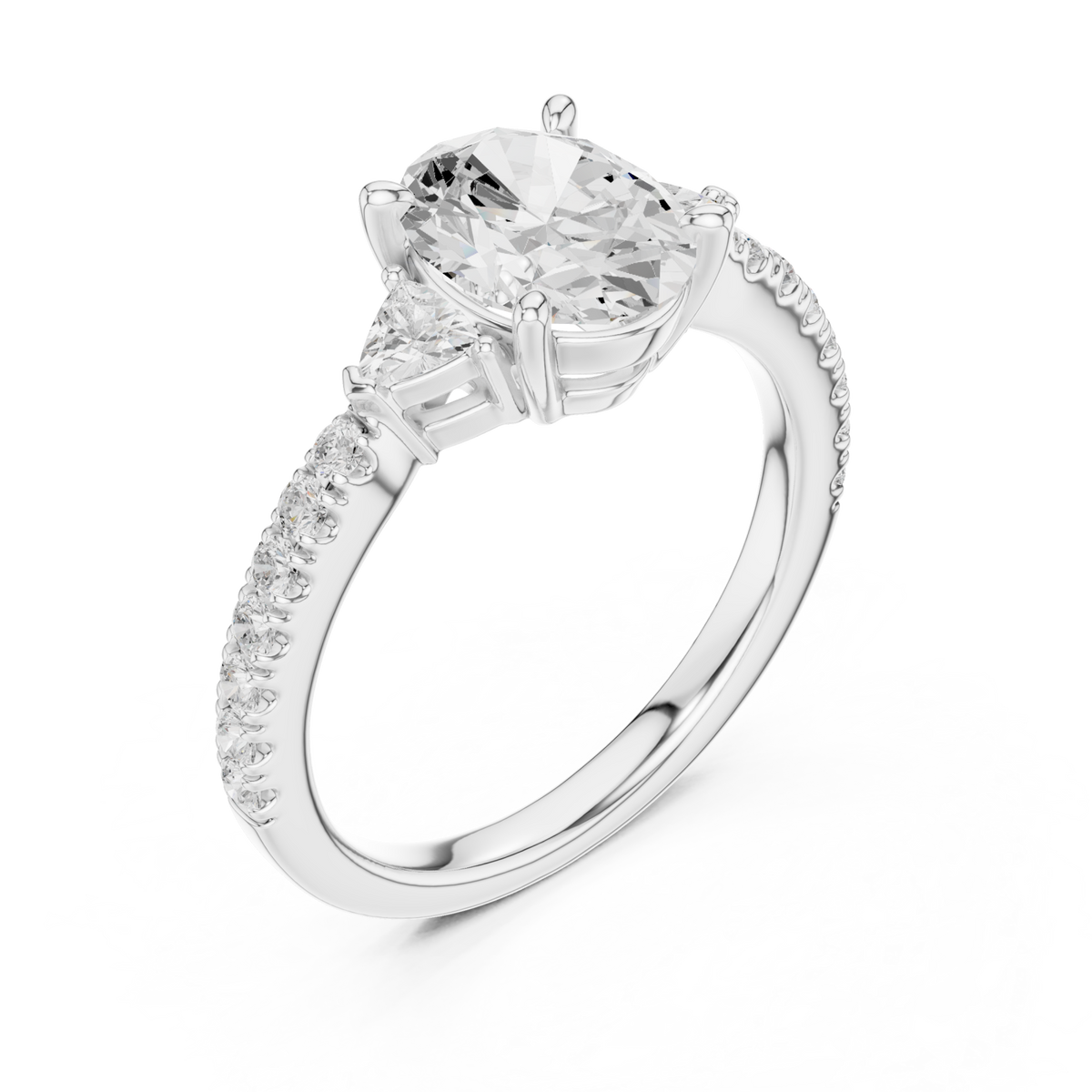 Oval trillion side three stone pave engagement ring white gold angle view