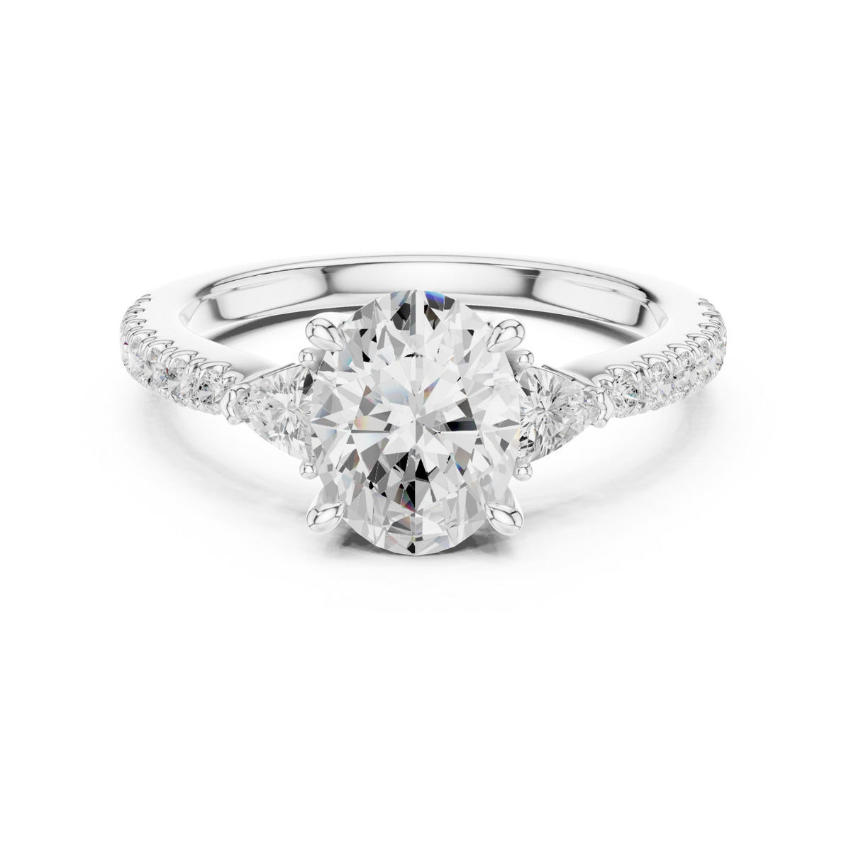 Oval trillion side three stone pave engagement ring white gold detail view