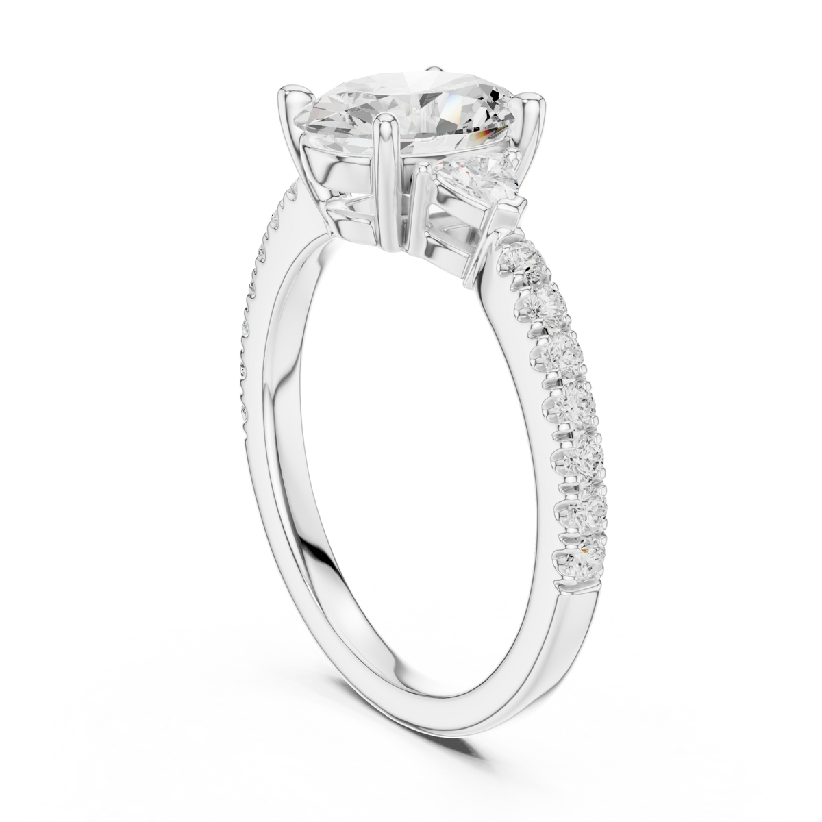 Oval trillion side three stone pave engagement ring white gold front view
