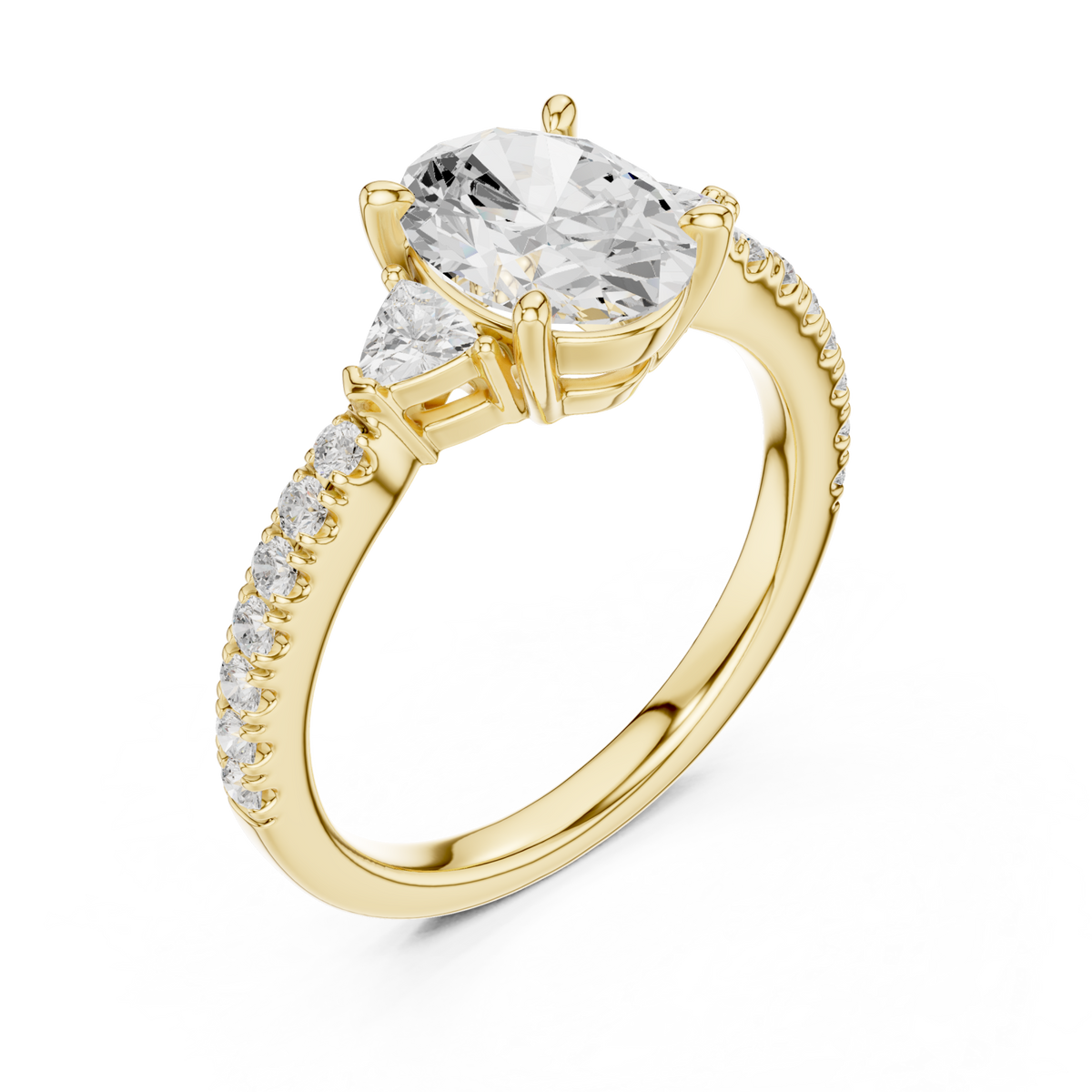 Oval trillion side three stone pave engagement ring yellow gold angle view